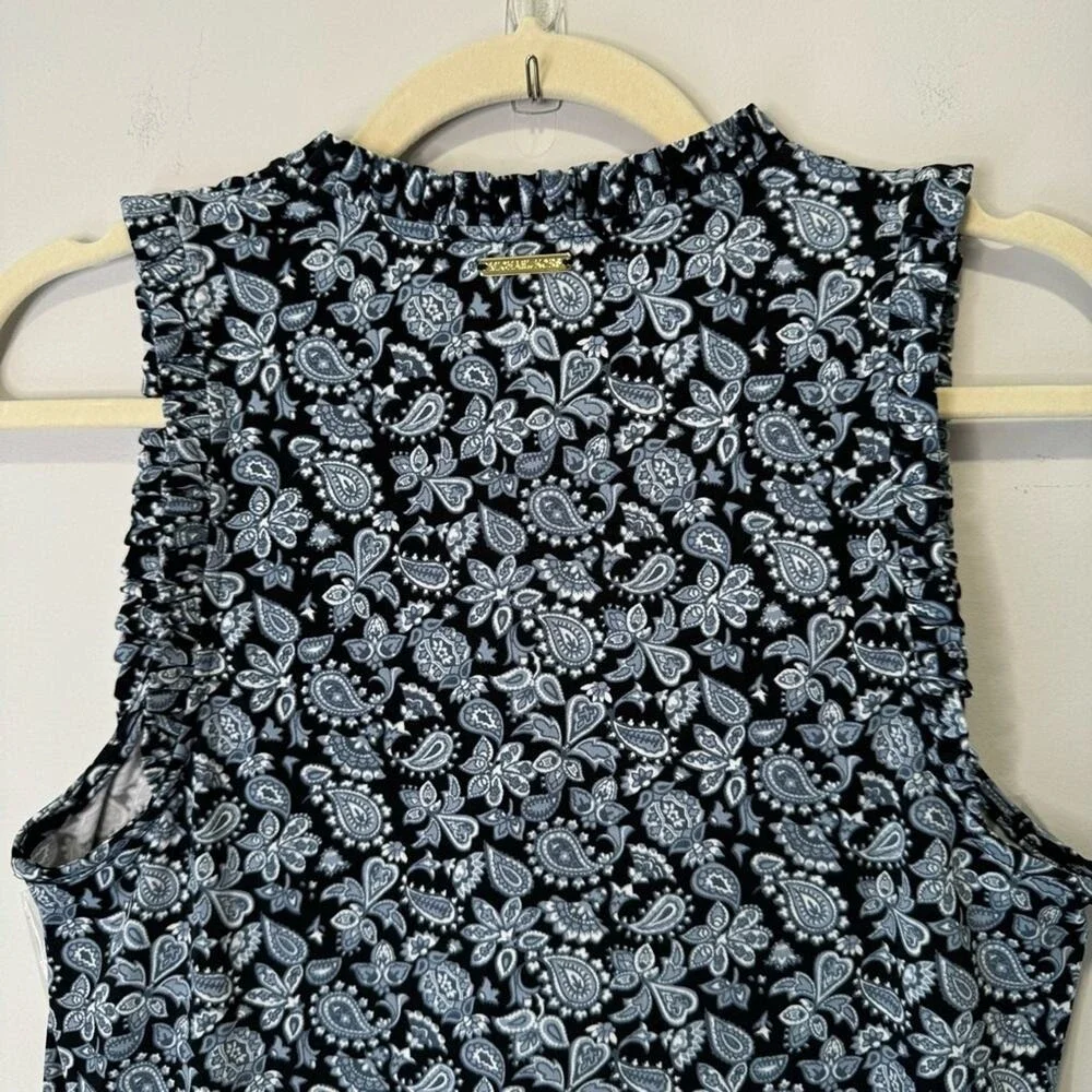 NWT Michael Kors Paisley Boho‎ Soft Stretch Mini V-neck Sleeveless Dress XS Blue